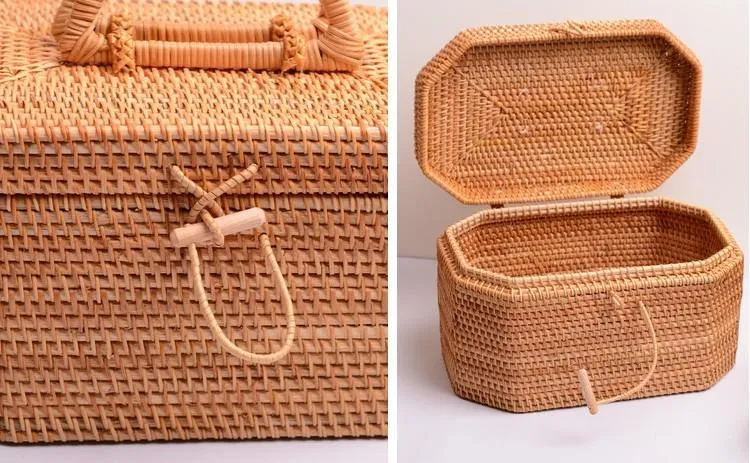 Rattan Wicker Serving Basket, Storage Baskets for Picnic, Kitchen Storage Baskets, Woven Storage Baskets with Lid