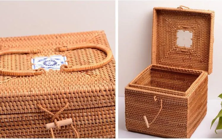 Rattan Wicker Serving Basket, Storage Baskets for Picnic, Kitchen Storage Baskets, Woven Storage Baskets with Lid