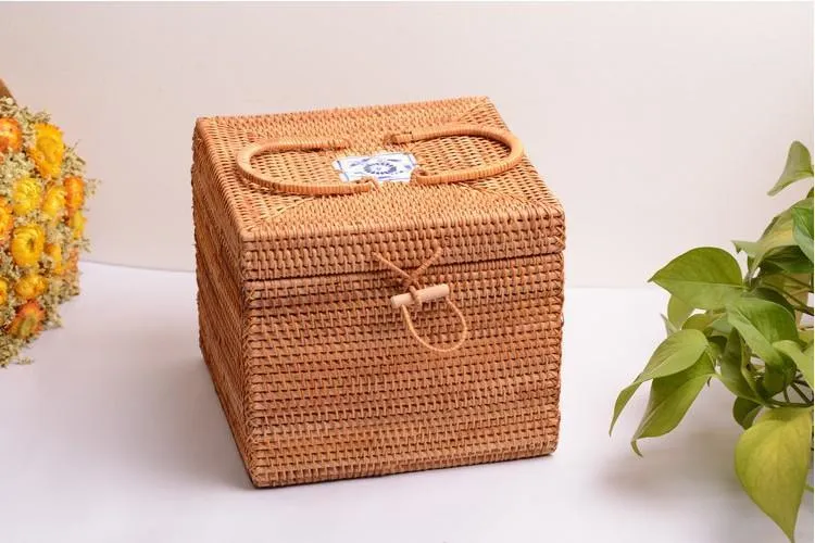 Rattan Wicker Serving Basket, Storage Baskets for Picnic, Kitchen Storage Baskets, Woven Storage Baskets with Lid