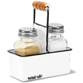 Red Co. Glass Salt & Pepper Shakers in Enamelware Metal Carrying Caddy with Wooden Handle, White/Black Rim