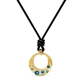 Santorini Long Black Leather Cord Necklace with London Blue Topaz and Diamonds in 18K