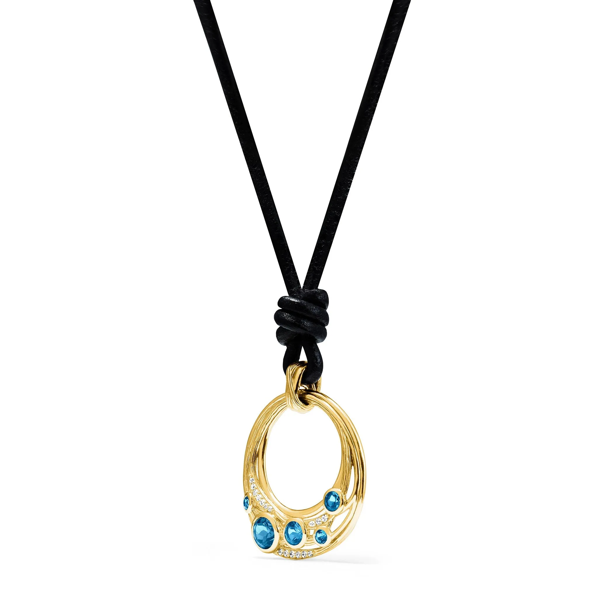 Santorini Long Black Leather Cord Necklace with London Blue Topaz and Diamonds in 18K