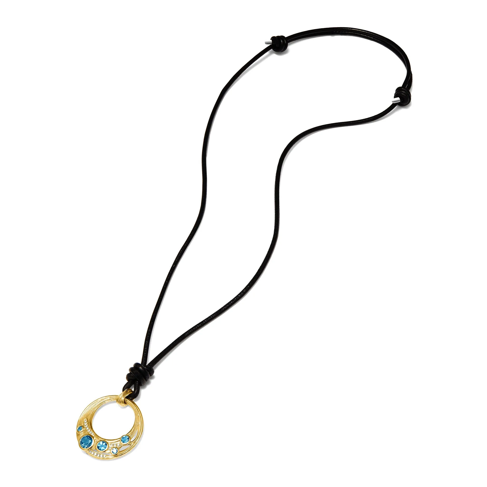 Santorini Long Black Leather Cord Necklace with London Blue Topaz and Diamonds in 18K