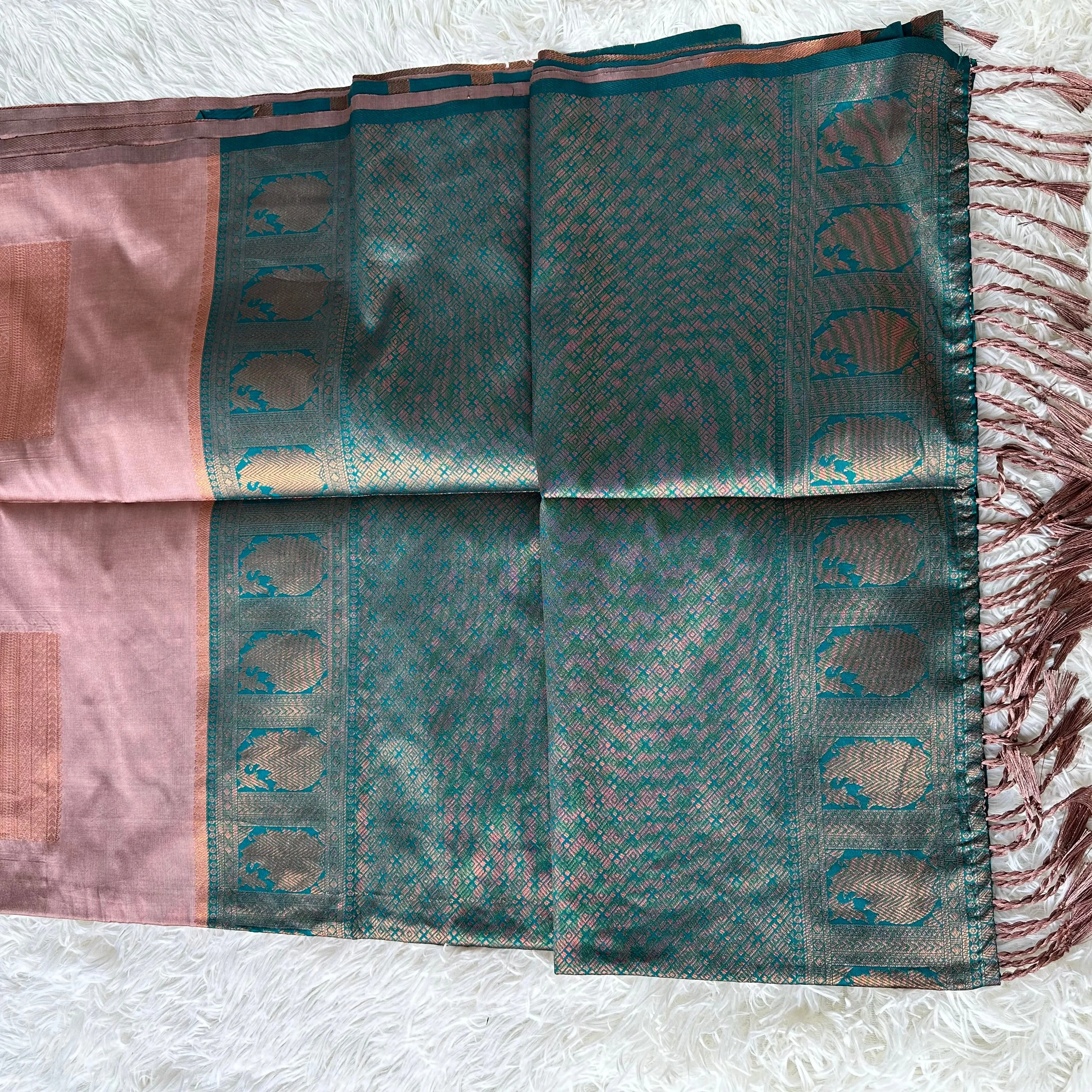 Serenity in Contrast: Plaster Brown Saree with Blue-Green Pallu