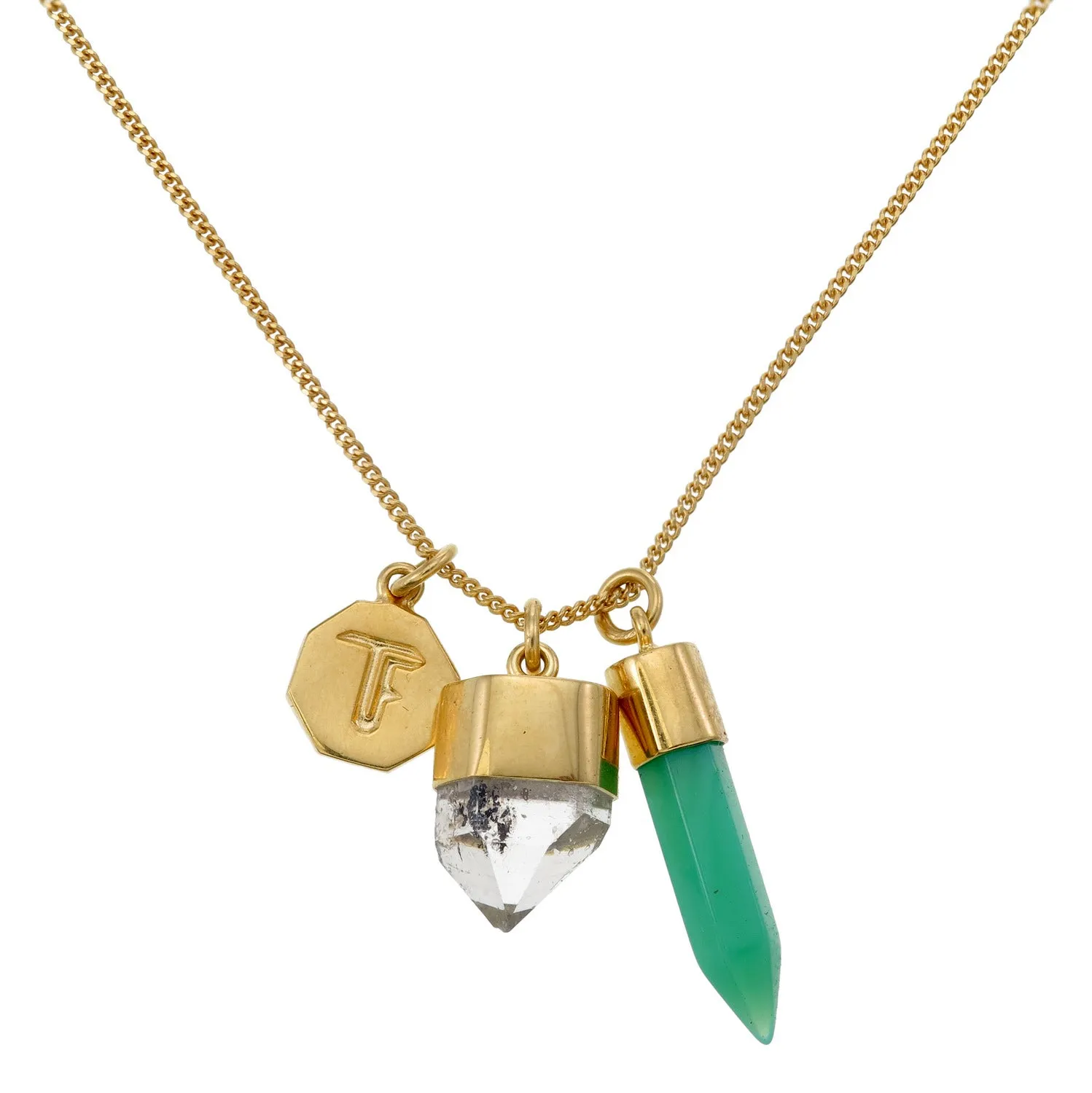 SUPERPOWER CHARM NECKLACE - CHRYSOPRASE WITH DIAMOND QUARTZ - GOLD