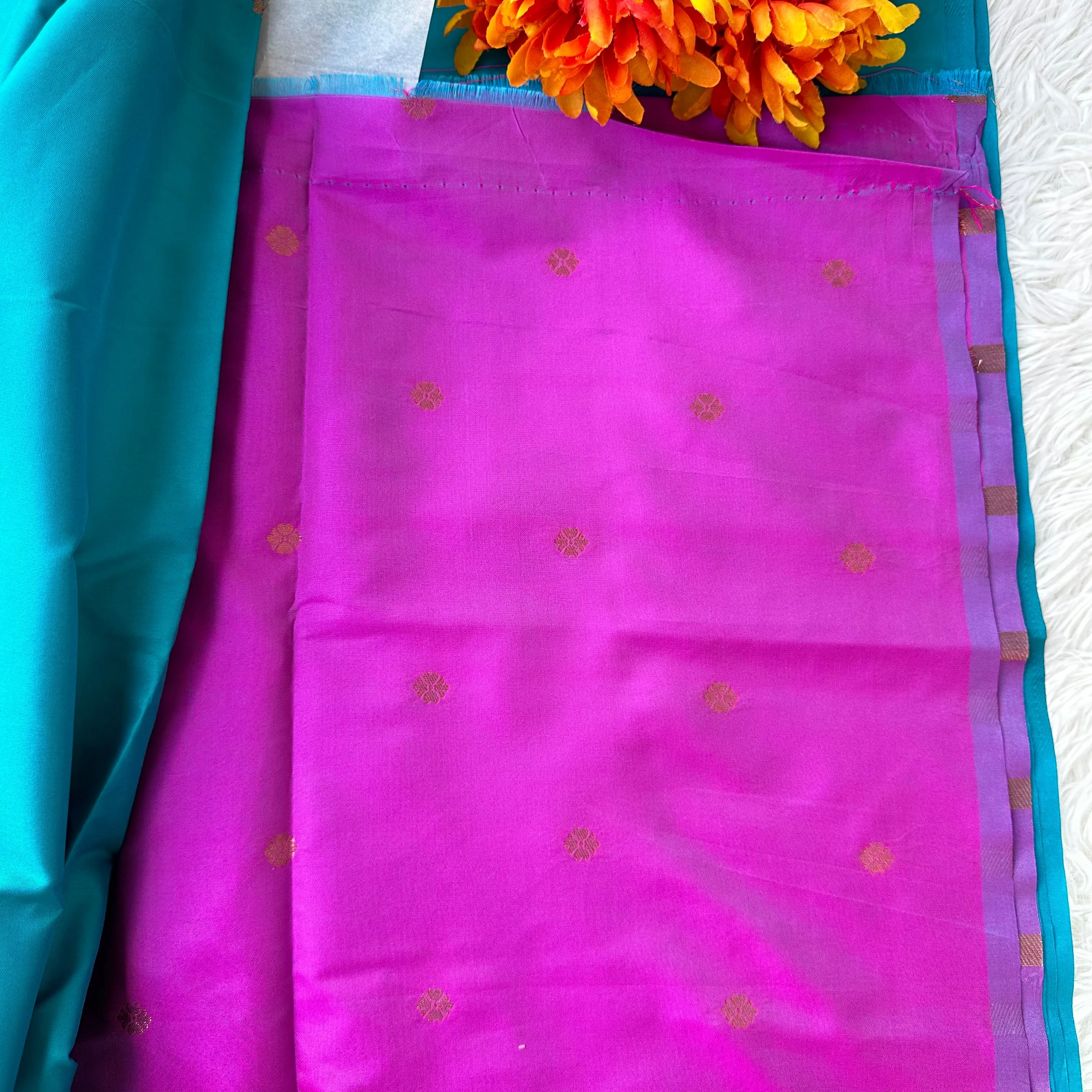 “Tranquil Harmony: Blue Green and Pink semi silk saree