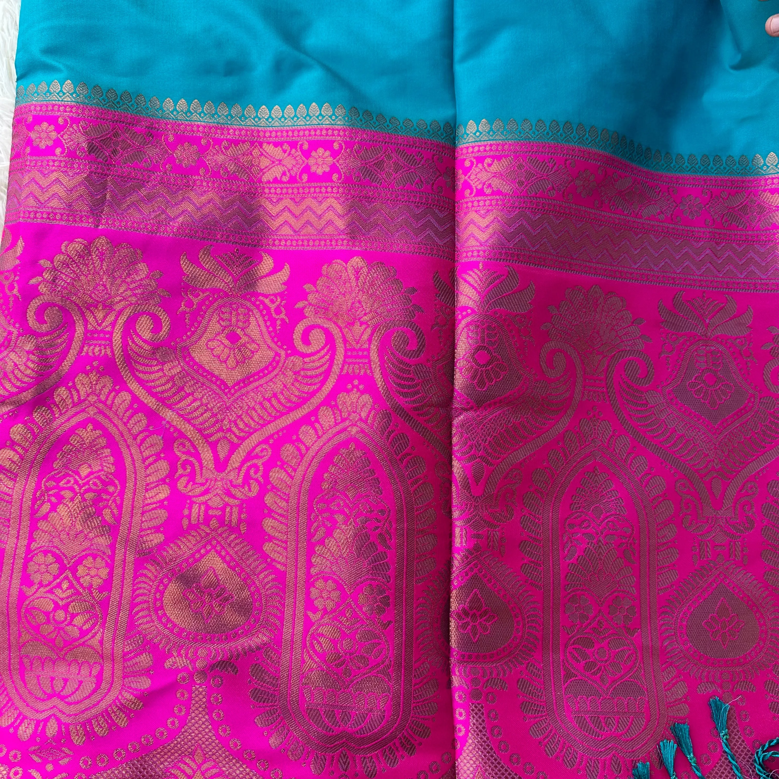 “Tranquil Harmony: Blue Green and Pink semi silk saree