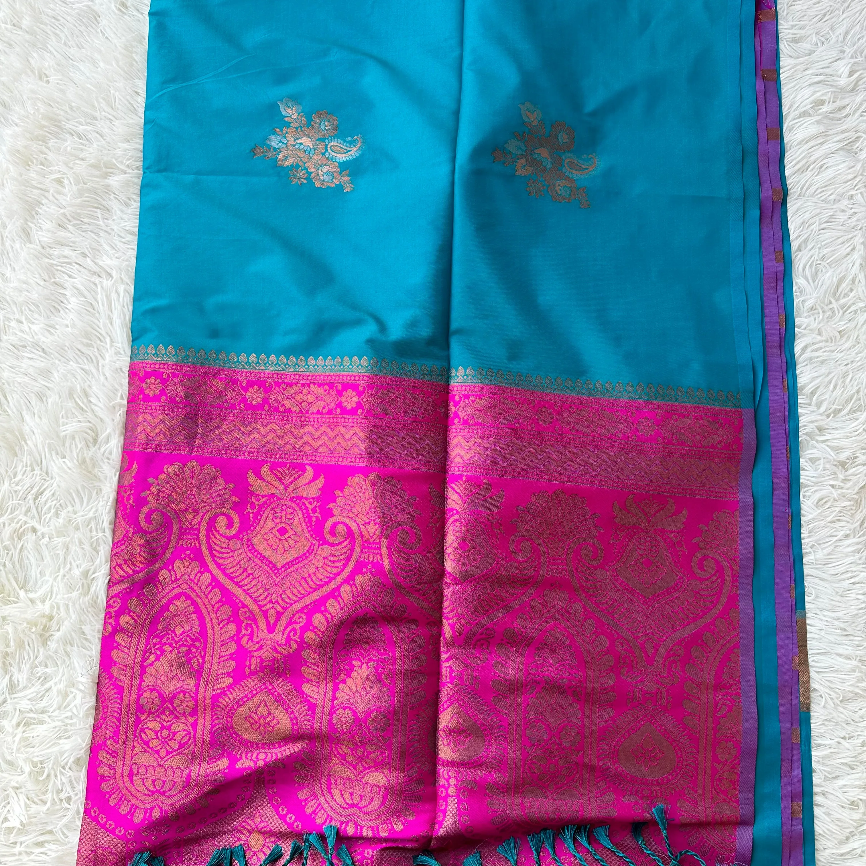 “Tranquil Harmony: Blue Green and Pink semi silk saree