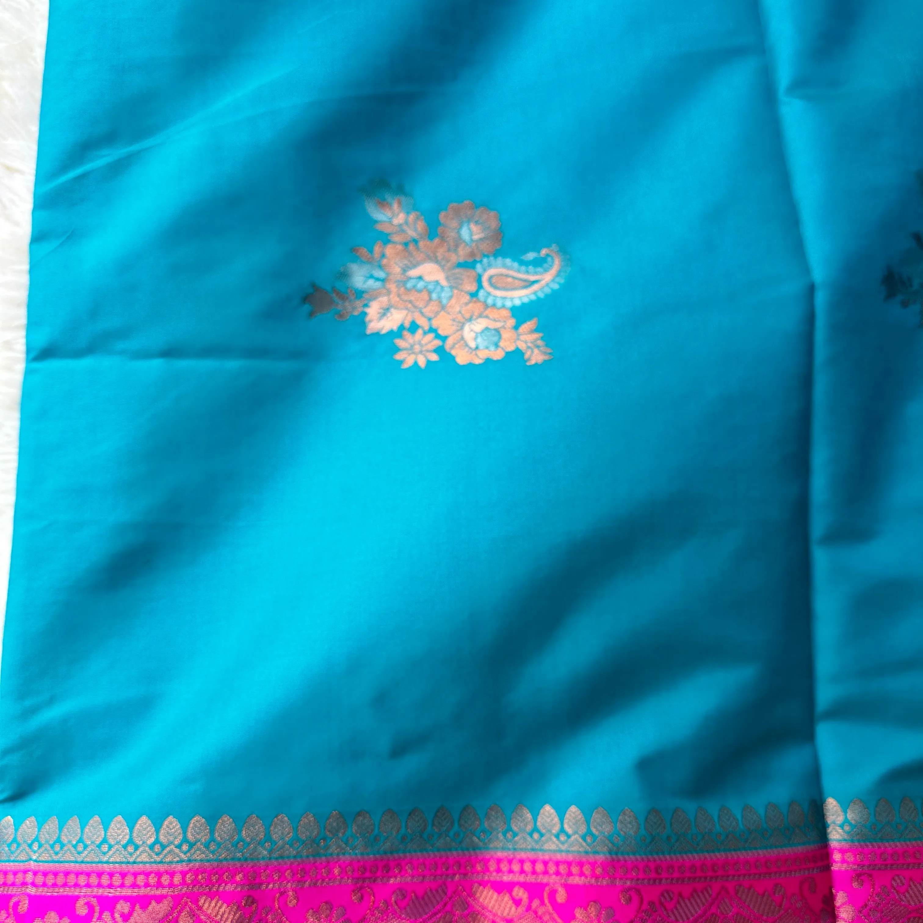 “Tranquil Harmony: Blue Green and Pink semi silk saree