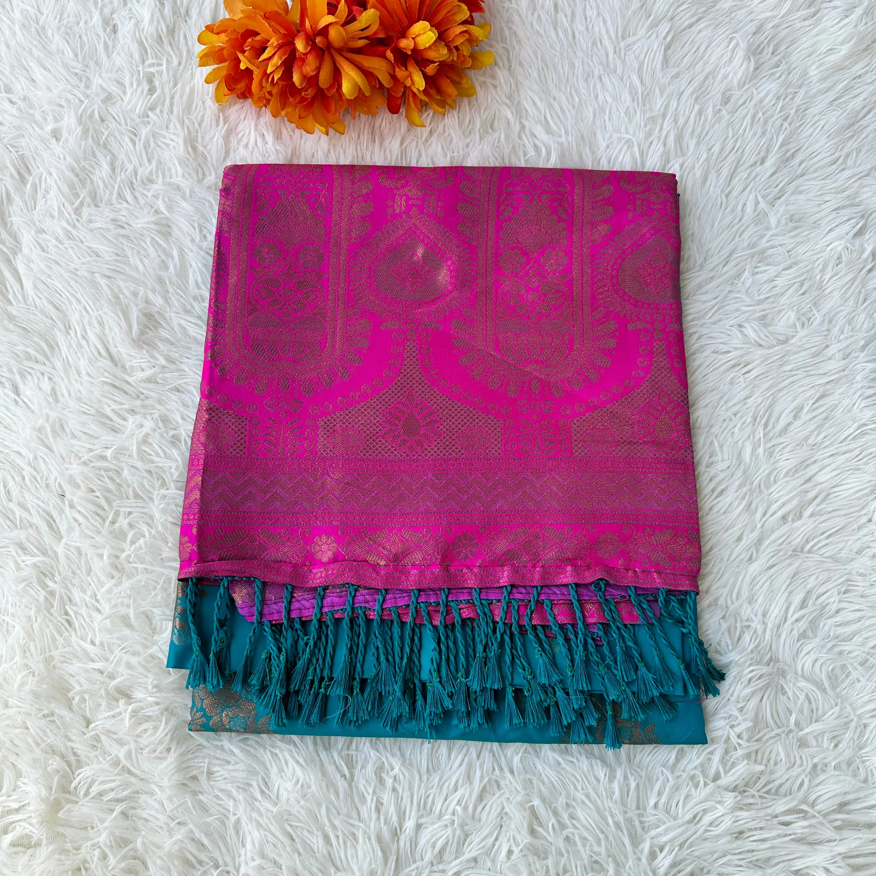 “Tranquil Harmony: Blue Green and Pink semi silk saree