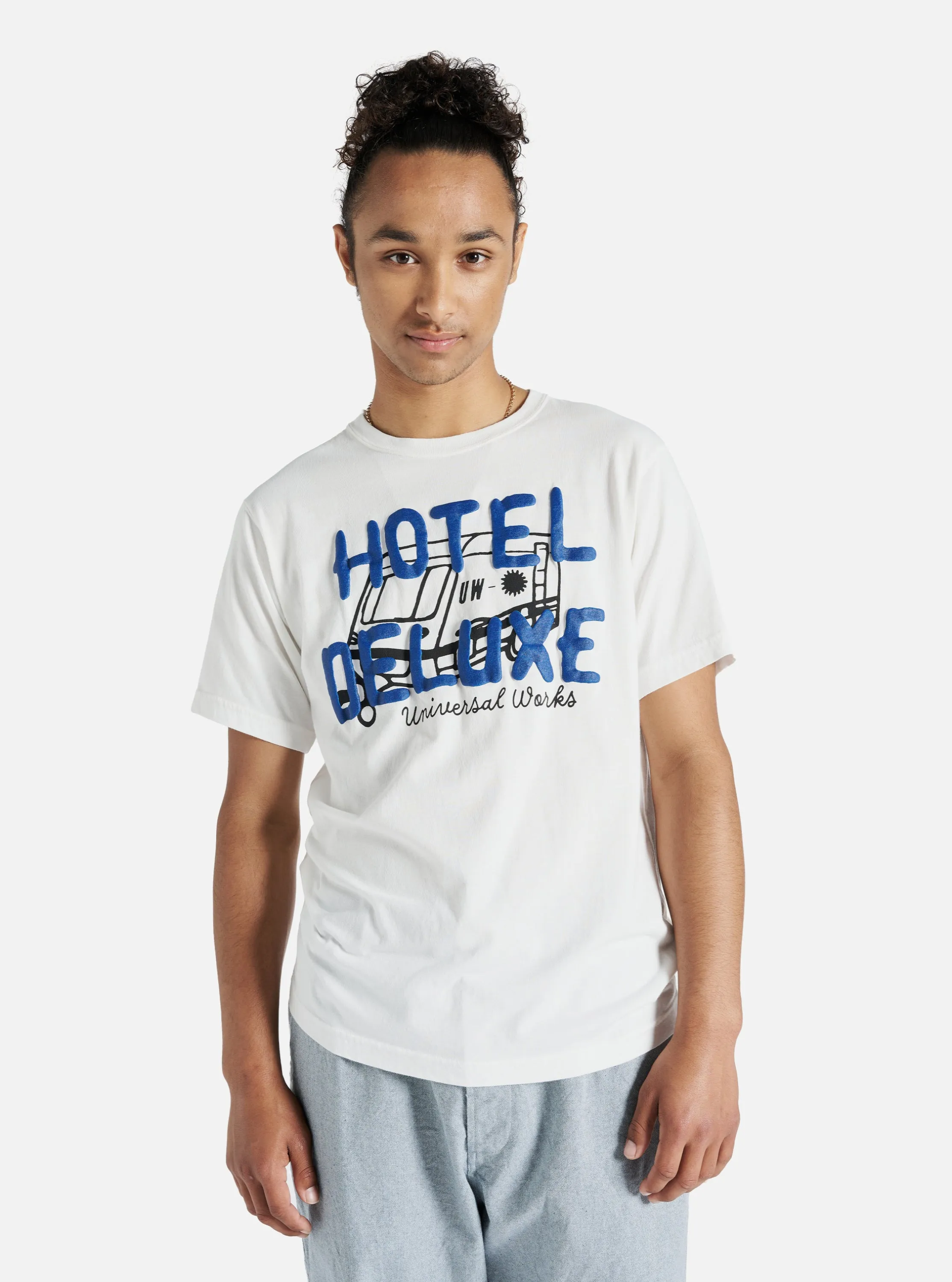 Universal Works Print Tee in Ecru 'Hotel Deluxe' Single Jersey