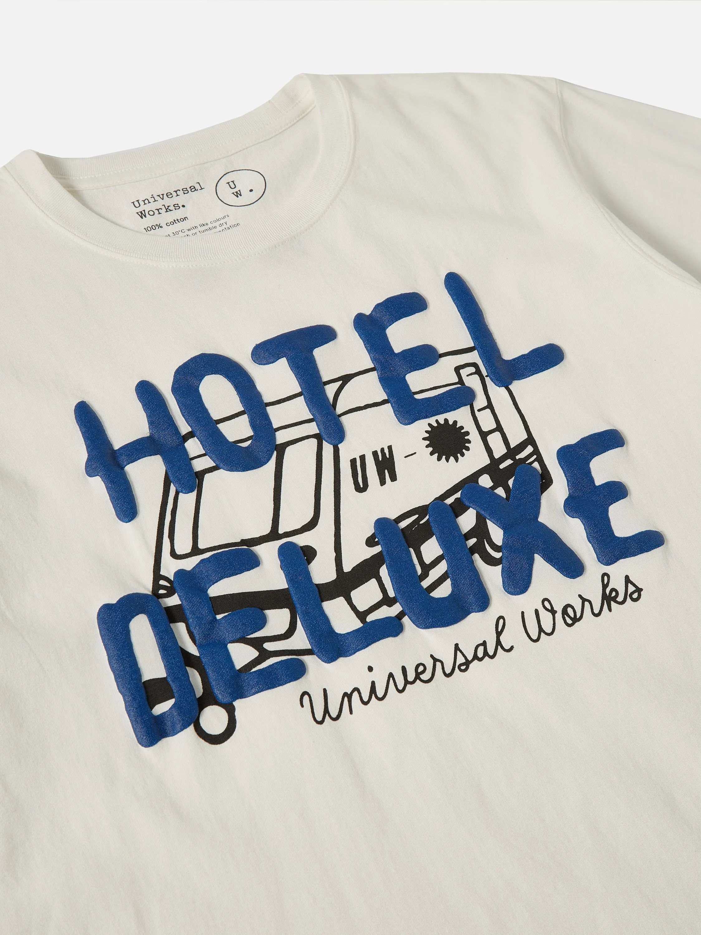 Universal Works Print Tee in Ecru 'Hotel Deluxe' Single Jersey