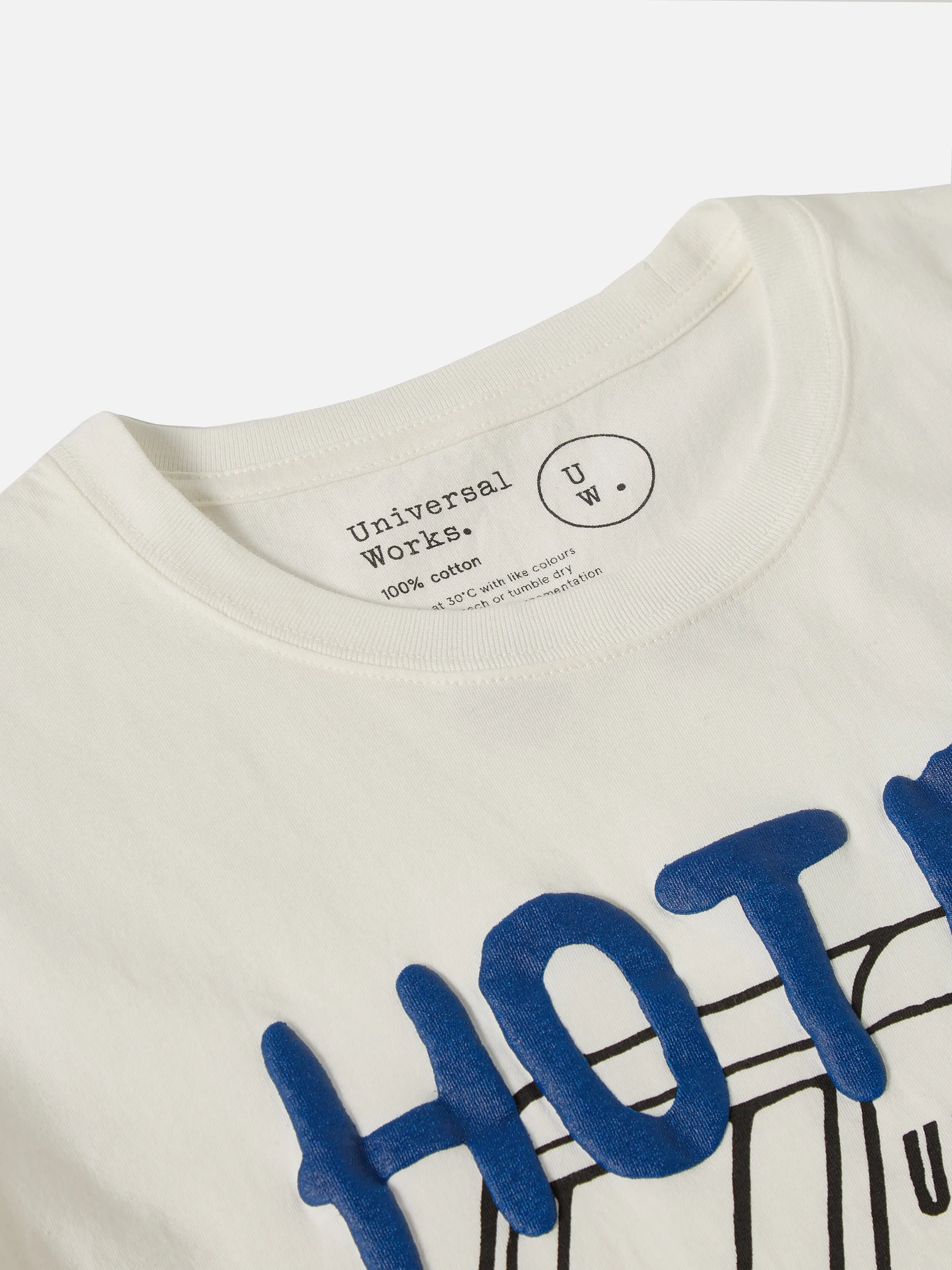 Universal Works Print Tee in Ecru 'Hotel Deluxe' Single Jersey