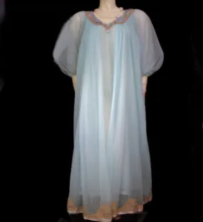 *VINTAGE JENELLE DOUBLE NYLON PEIGNOIR & NIGHTGOWN SET WITH SATIN & ECRU LACE TRIM IN CARIBBEAN JEWEL