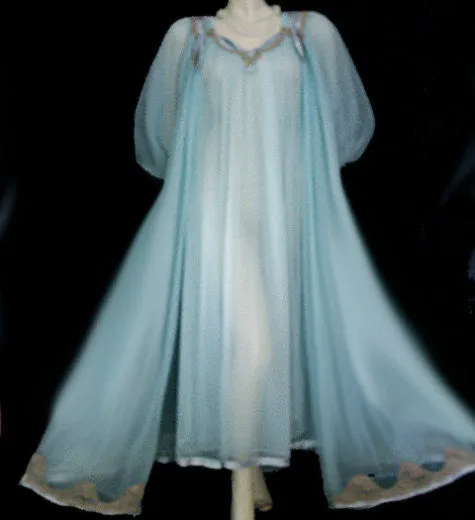 *VINTAGE JENELLE DOUBLE NYLON PEIGNOIR & NIGHTGOWN SET WITH SATIN & ECRU LACE TRIM IN CARIBBEAN JEWEL