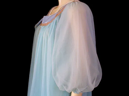 *VINTAGE JENELLE DOUBLE NYLON PEIGNOIR & NIGHTGOWN SET WITH SATIN & ECRU LACE TRIM IN CARIBBEAN JEWEL