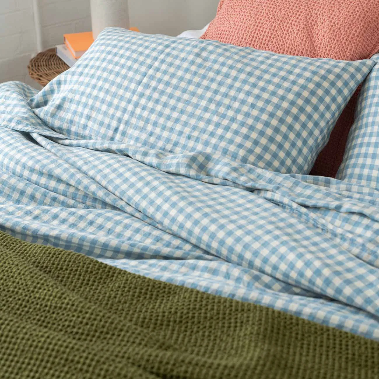 Warm Blue Gingham 100% Linen Flat Sheet